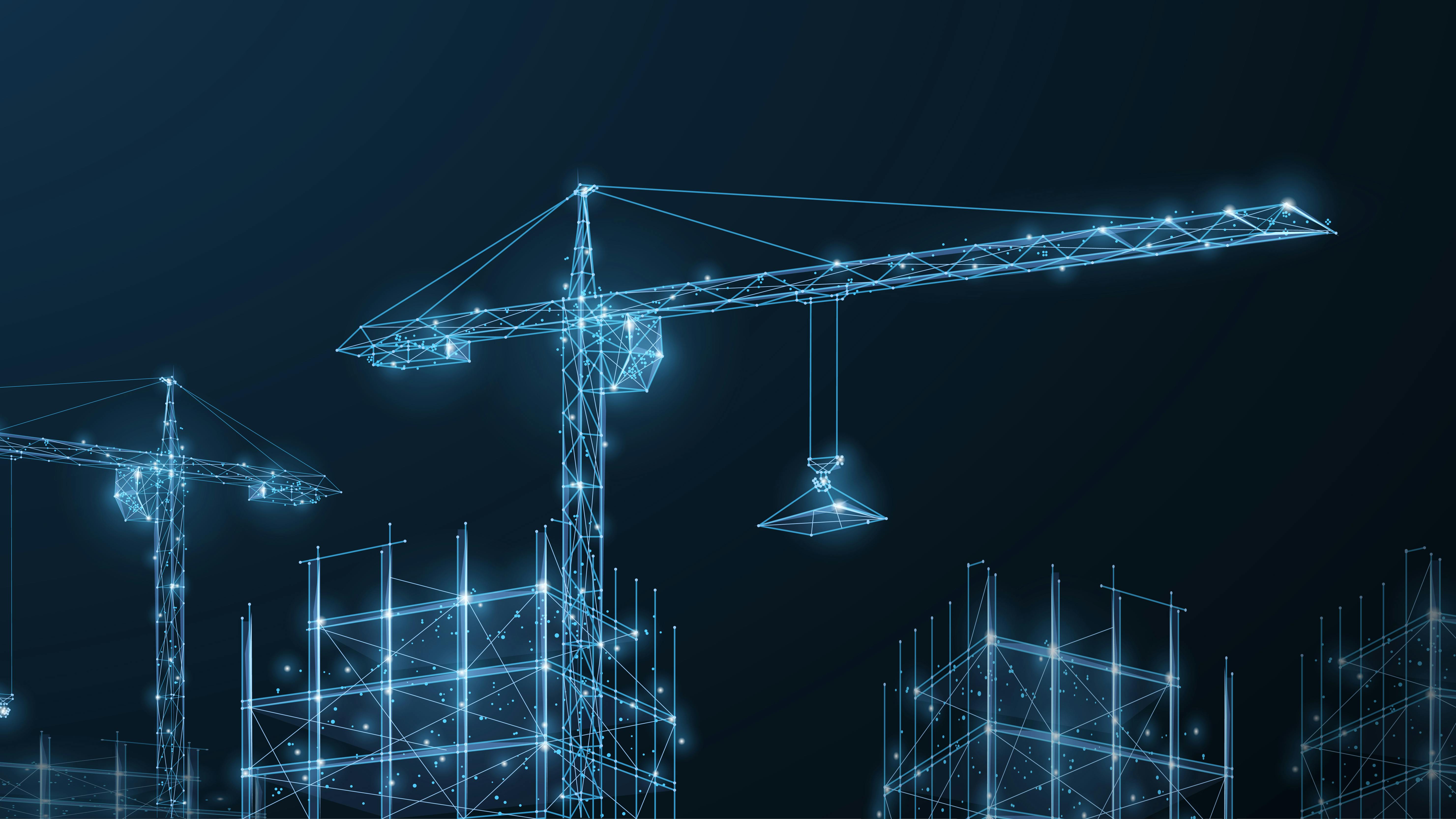 Computer-generated rendering of construction cranes and high-rise buildings.