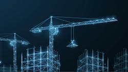 Computer-generated rendering of construction cranes and high-rise buildings. Computer-generated rendering of construction cranes and high-rise buildings.