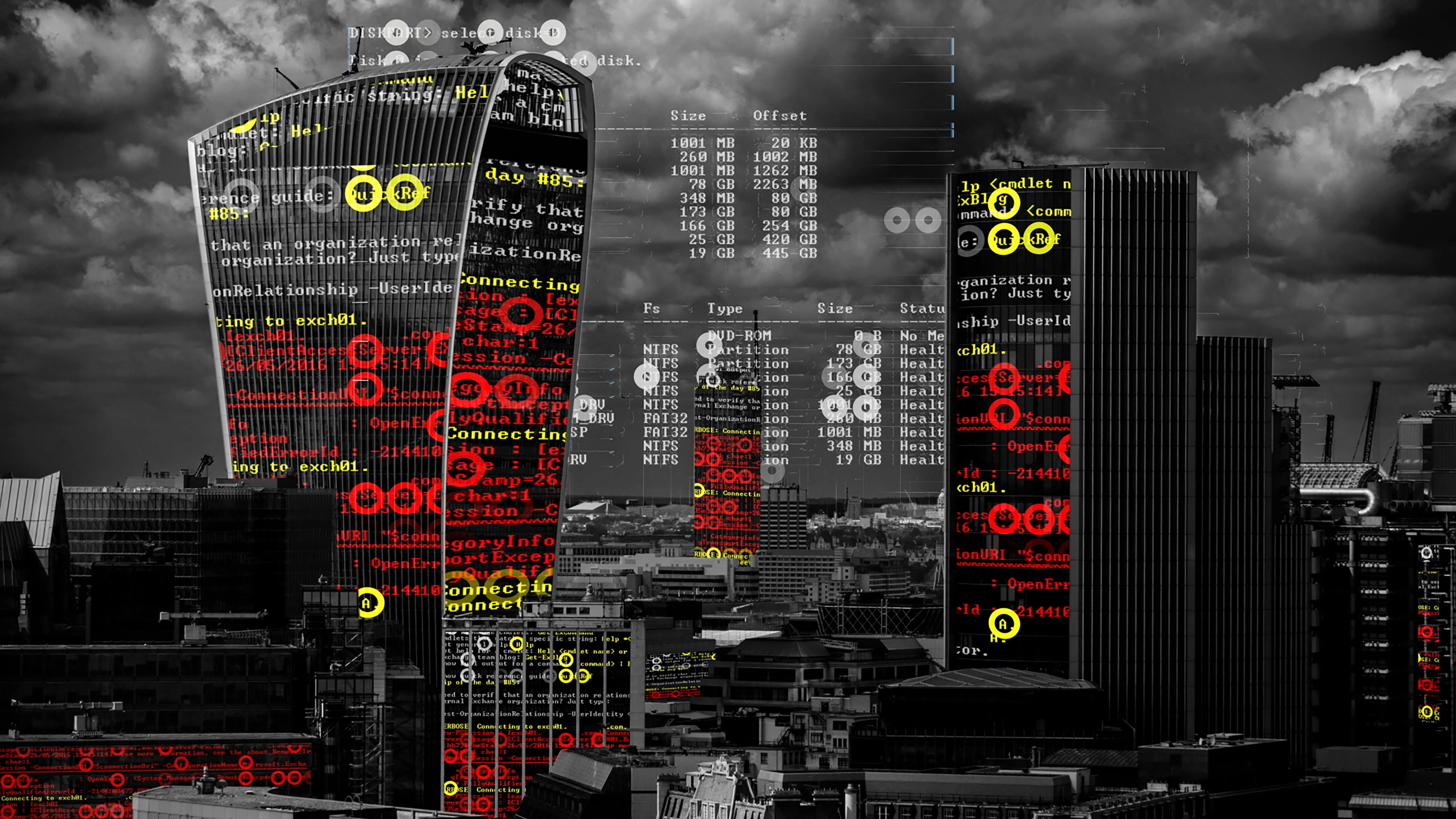 Buildings in London skyline overlaid with red and yellow digital alerts.