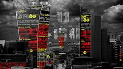 Buildings in London skyline overlaid with red and yellow digital alerts. Buildings in London skyline overlaid with red and yellow digital alerts.