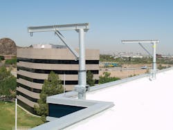 Rooftop davit arms can be used to elevate anchor points and protect your property if the building’s parapets aren’t load-rated or could be damaged by the primary or secondary lines of a rope descent system. Rooftop davit arms can be used to elevate anchor points and protect your property if the building’s parapets aren’t load-rated or could be damaged by the primary or secondary lines of a rope descent system.