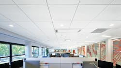 The “Living Lab” workspace located at the Armstrong corporate campus in Lancaster, Pennsylvania, was constructed using ceilings panels with PCM to support energy savings during both cold and warm seasons. The “Living Lab” workspace located at the Armstrong corporate campus in Lancaster, Pennsylvania, was constructed using ceilings panels with PCM to support energy savings during both cold and warm seasons.
