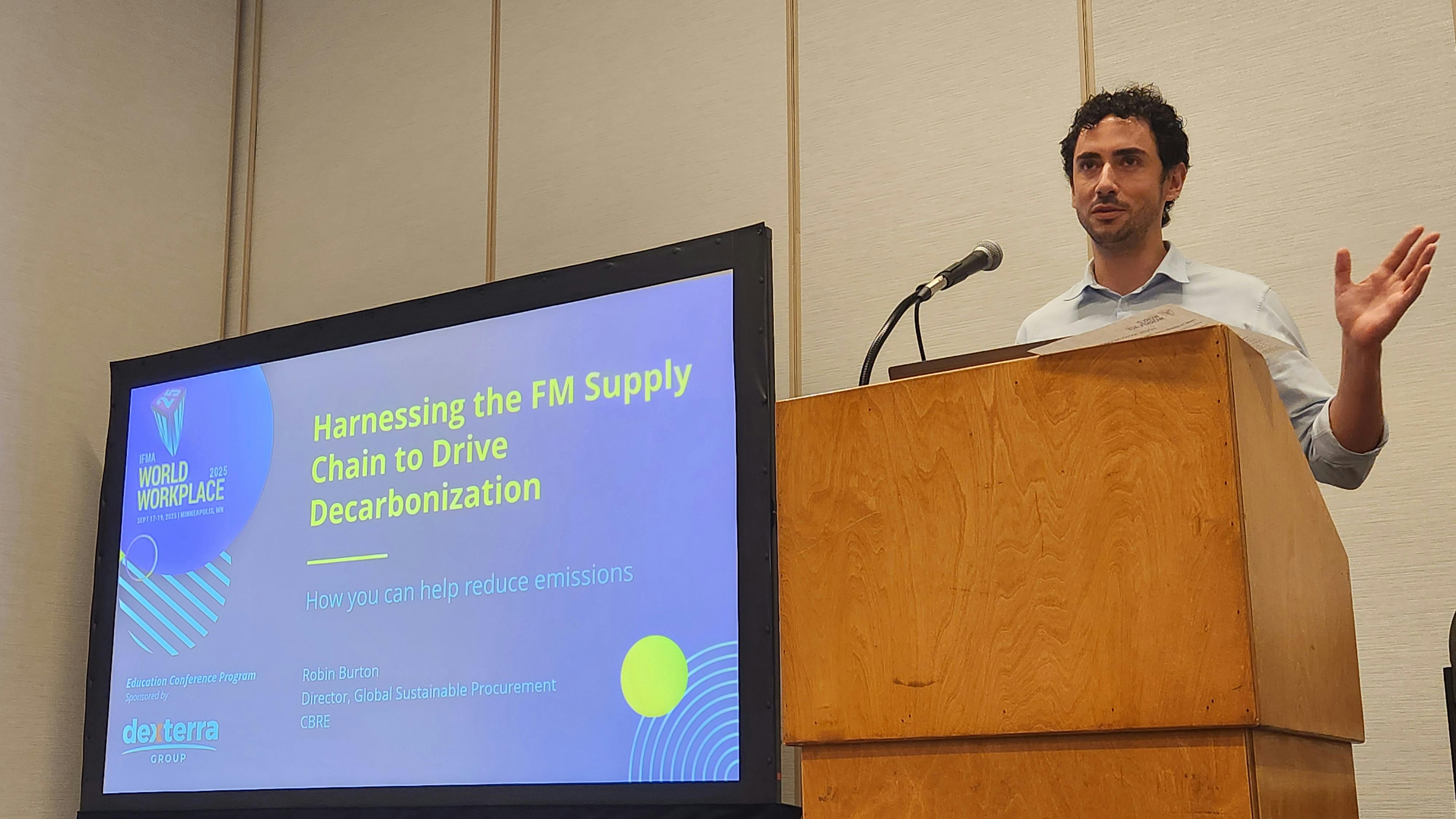 Robin Burton, director, global sustainable procurement, for CBRE, presents at the 2025 IFMA World Workplace conference.