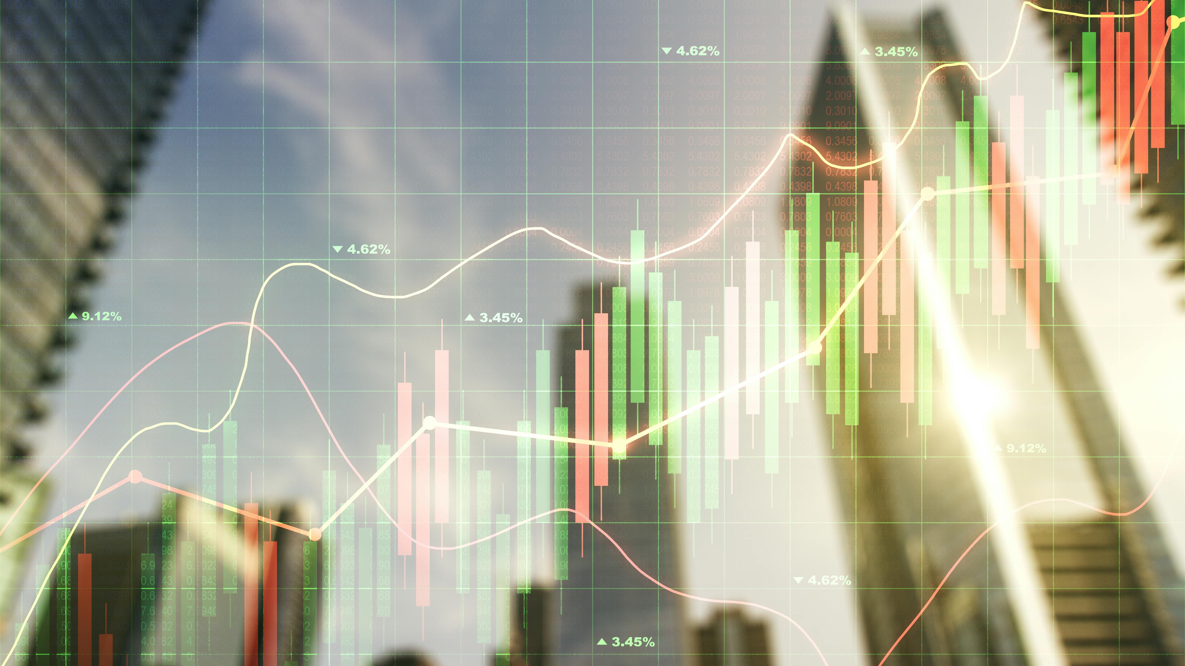 Stock charts overlaid on top of blurred background image of skyscrapers.
