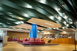 At the University of Central Florida Library, custom acoustic baffles bring a calming energy into a bustling learning space. A thoughtful acoustic zoning strategy created an adaptable space that supports multiple user types, from students working alone to groups who need to collaborate. At the University of Central Florida Library, custom acoustic baffles bring a calming energy into a bustling learning space. A thoughtful acoustic zoning strategy created an adaptable space that supports multiple user types, from students working alone to groups who need to collaborate.