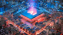 Computer rendering of AI smart chip embedded in cityscape in red and blue.