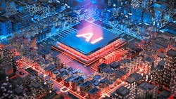 Computer rendering of AI smart chip embedded in cityscape in red and blue. Computer rendering of AI smart chip embedded in cityscape in red and blue.