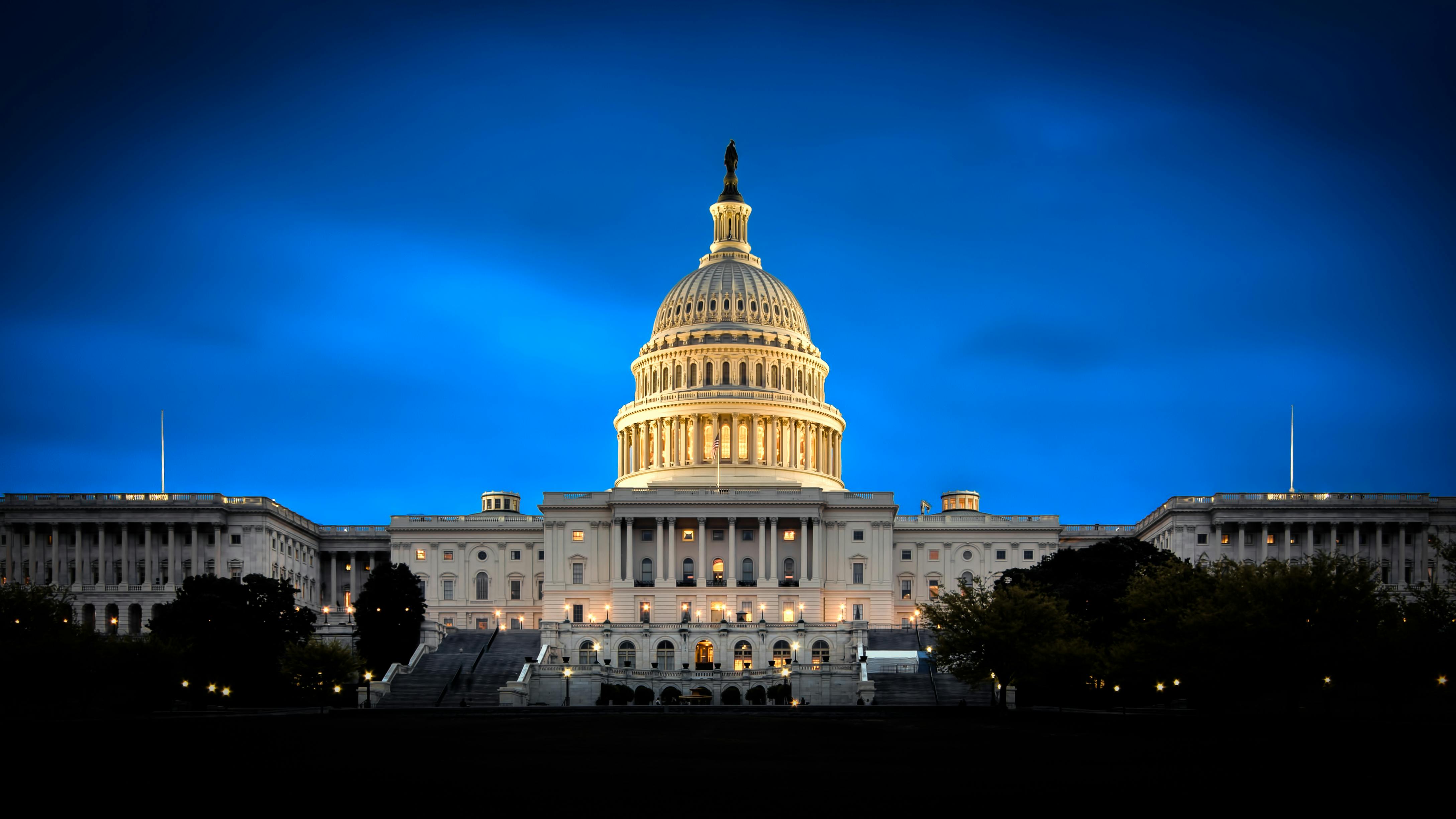 The U.S. Capitol at night.