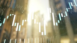 Abstract financial chart showing positive growth overlaid on blurred image of commercial buildings. Abstract financial chart showing positive growth overlaid on blurred image of commercial buildings.