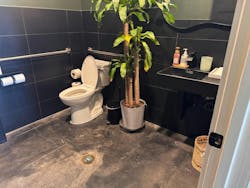 This restroom has a properly mounted grab bar and clear floor space, as required. Too much clutter can create a violation. This restroom has a properly mounted grab bar and clear floor space, as required. Too much clutter can create a violation.