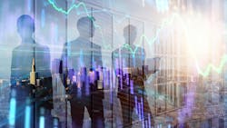 Businesspeople silhouettes with forex chart standing on abstract city background. Teamwork and stock concept. Double exposure Businesspeople silhouettes with forex chart standing on abstract city background. Teamwork and stock concept. Double exposure