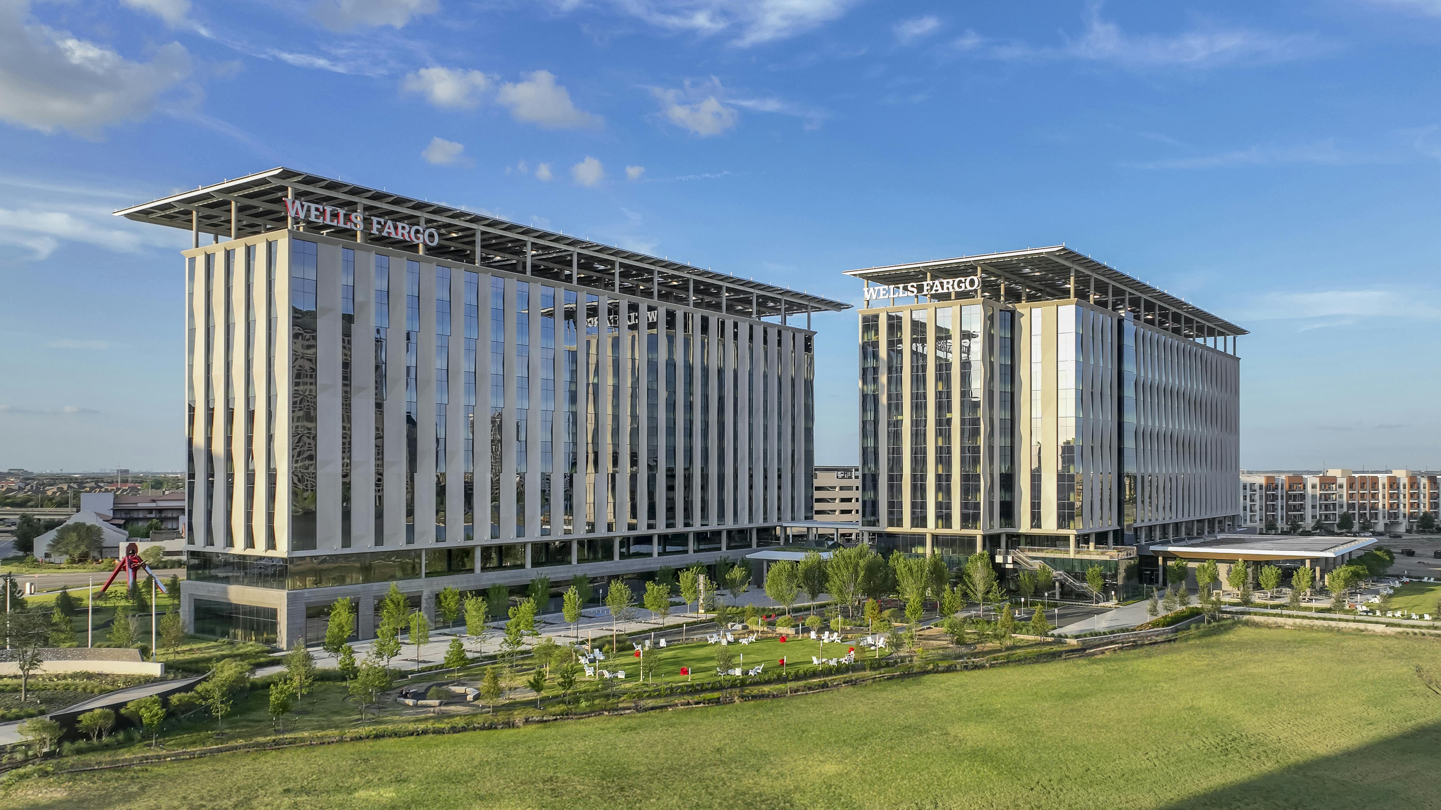 The 22-acre North Texas campus for Wells Fargo features two sleek 10-story office towers and a six-story parking garage.