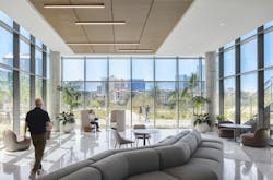 The interiors of the buildings on the Wells Fargo North Texas campus remain comfortable and energy-efficient thanks to a high-performance envelope with dynamic glass. The interiors of the buildings on the Wells Fargo North Texas campus remain comfortable and energy-efficient thanks to a high-performance envelope with dynamic glass.