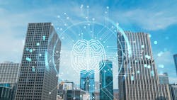 Commercial buildings with dual exposure graphic of brain/AI intelligence. Commercial buildings with dual exposure graphic of brain/AI intelligence.