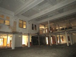 Existing conditions prior to renovation shows significant damage to the auditorium space. Existing conditions prior to renovation shows significant damage to the auditorium space.