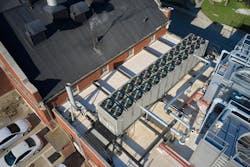 This new chiller services the university’s new ice storage system, located on top of the Power House. This new chiller services the university’s new ice storage system, located on top of the Power House.