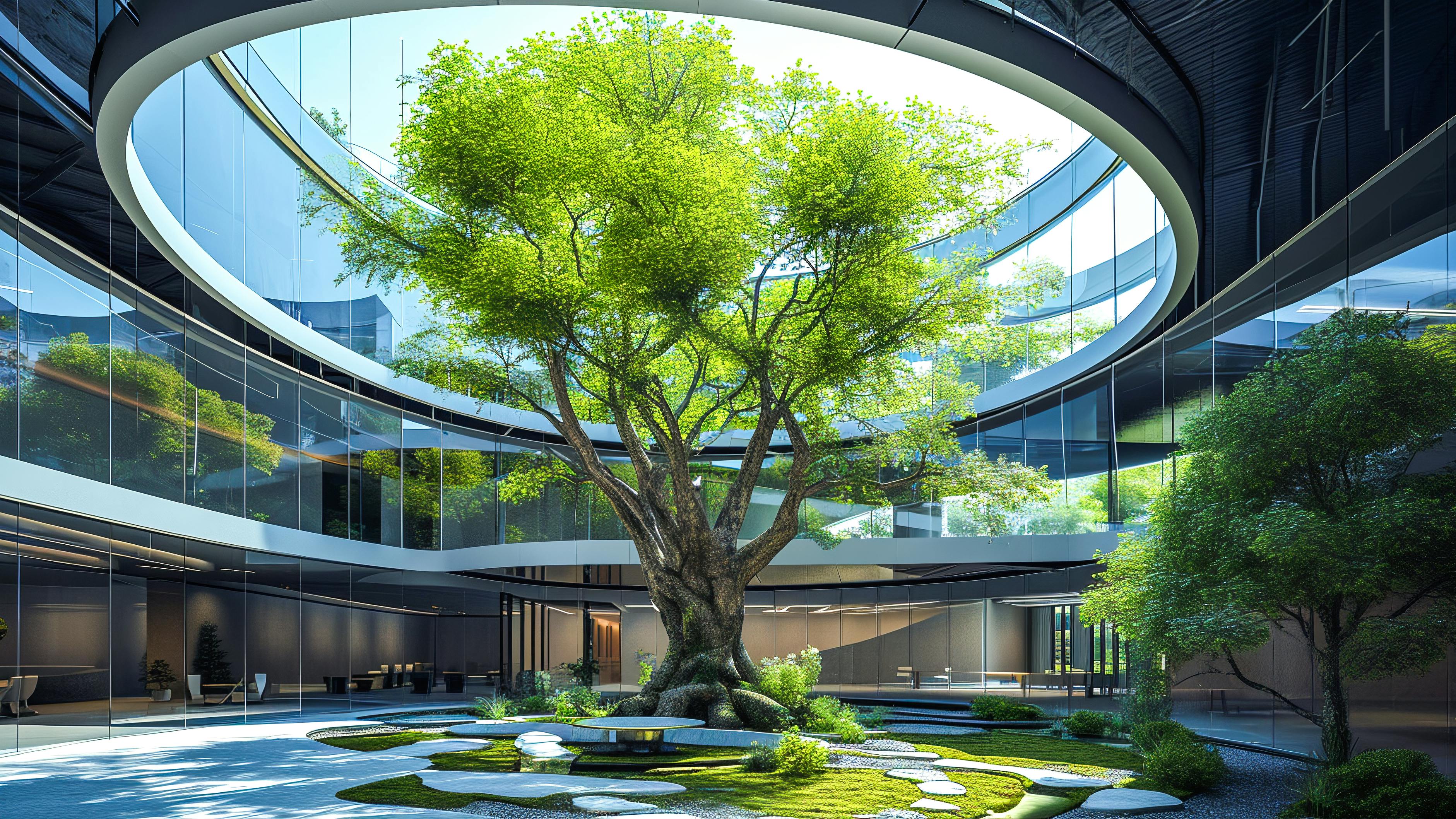 Large tree in a central courtyard of a building with a circular cutout in the roof.