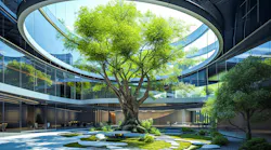 Large tree in a central courtyard of a building with a circular cutout in the roof.