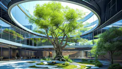 Large tree in a central courtyard of a building with a circular cutout in the roof. Large tree in a central courtyard of a building with a circular cutout in the roof.