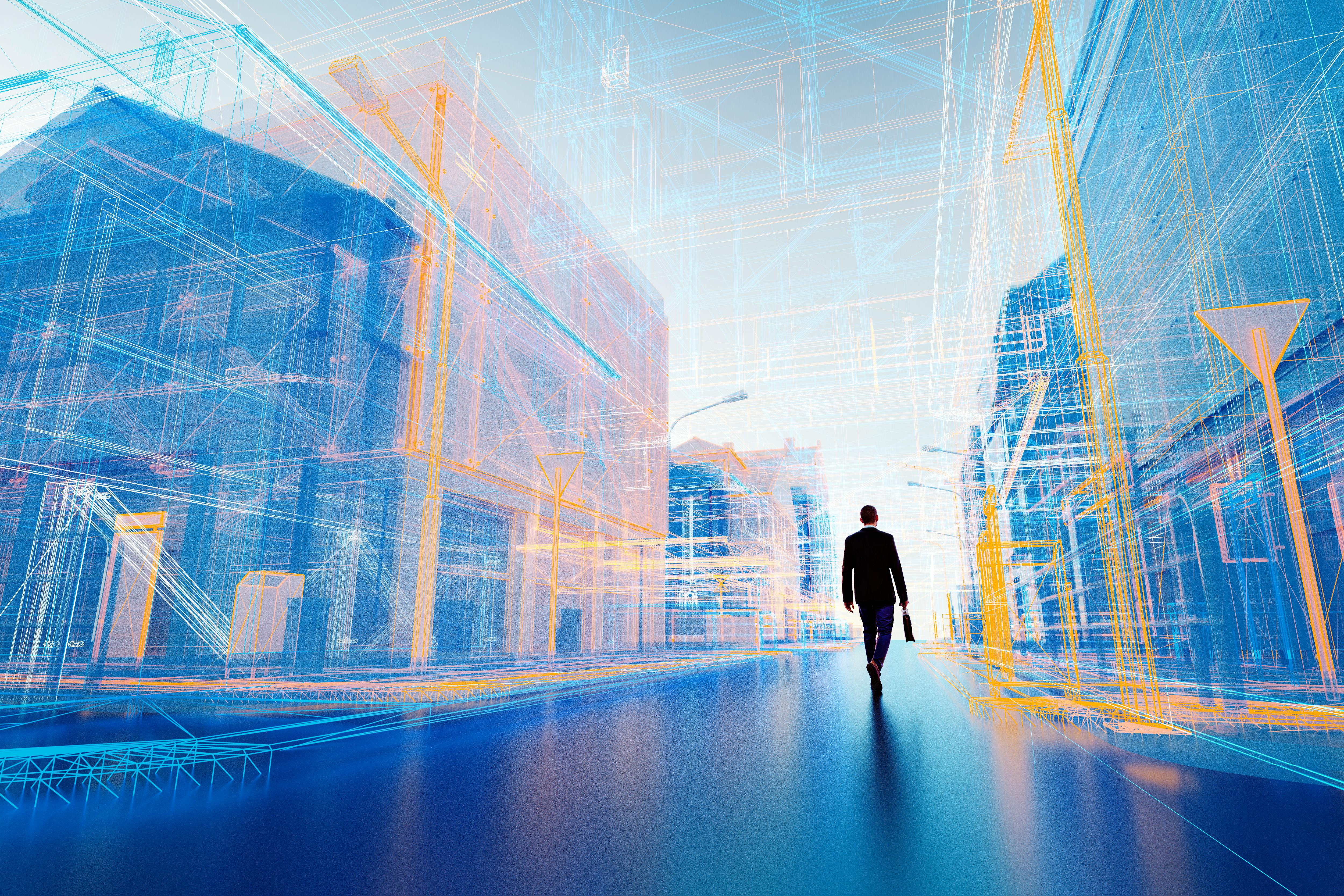 3D rendering of man walking down street of computerized streetscape with tall buildings.