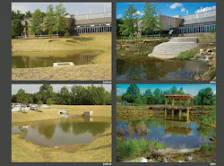 The SITES-certified Novus headquarters in St. Charles, Mo., is a good “stacking functions” illustration of how the project enhanced management of stormwater runoff. The transformative design turned a previously barren retention pond into an attractive site amenity that allows pedestrian interaction at the terraced stair and outdoor meeting spaces. Existing rip-rap and dead trees were repurposed to create fish and wildlife habitat. The SITES-certified Novus headquarters in St. Charles, Mo., is a good “stacking functions” illustration of how the project enhanced management of stormwater runoff. The transformative design turned a previously barren retention pond into an attractive site amenity that allows pedestrian interaction at the terraced stair and outdoor meeting spaces. Existing rip-rap and dead trees were repurposed to create fish and wildlife habitat.