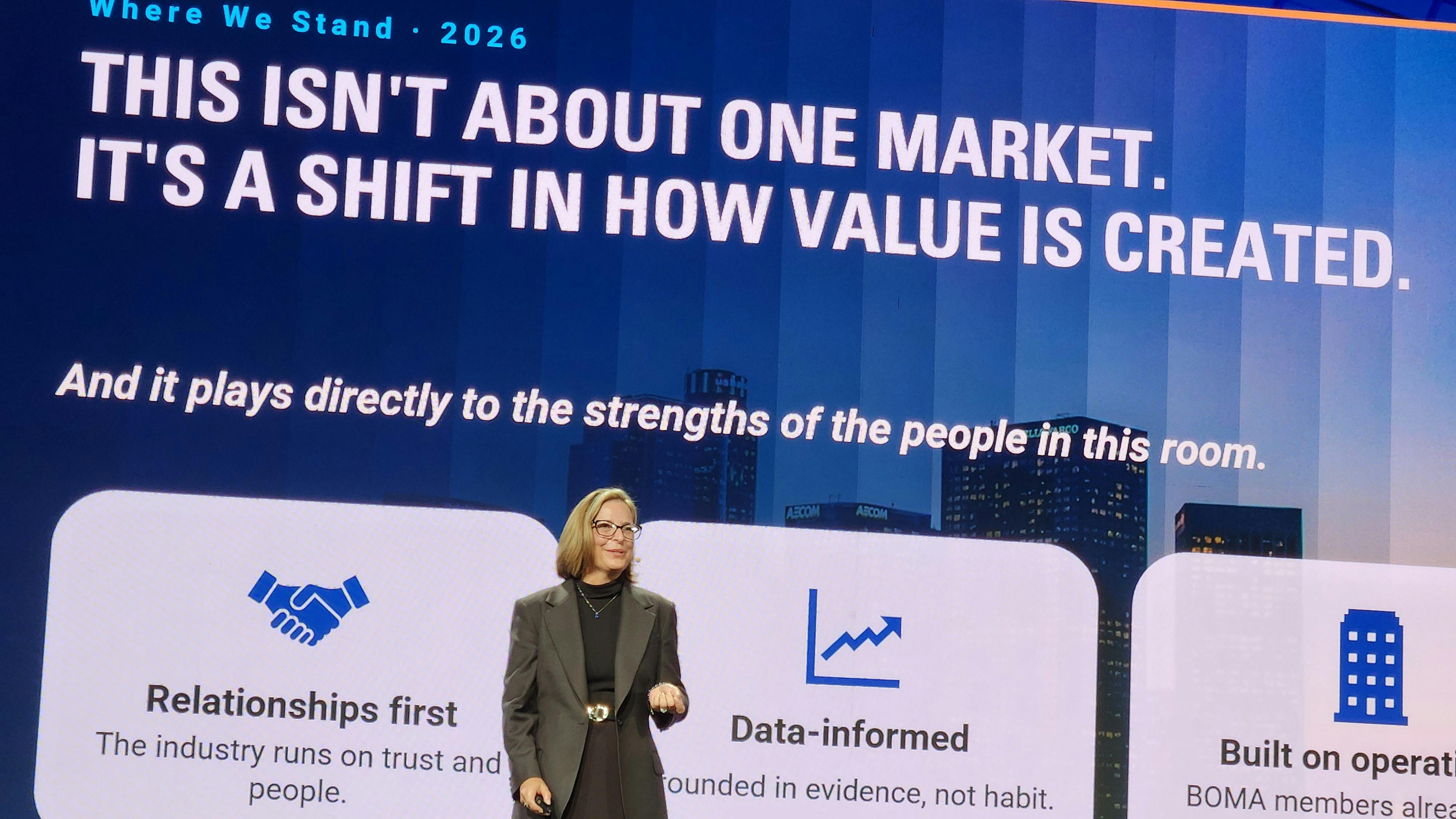 BOMA International President and Chief Operating Officer Mary Lue Peck addresses the crowd on Monday, June 29 at the 2026 BOMA International Conference & Expo.