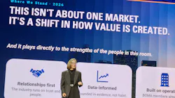 BOMA International President and Chief Operating Officer Mary Lue Peck addresses the crowd on Monday, June 29 at the 2026 BOMA International Conference & Expo.