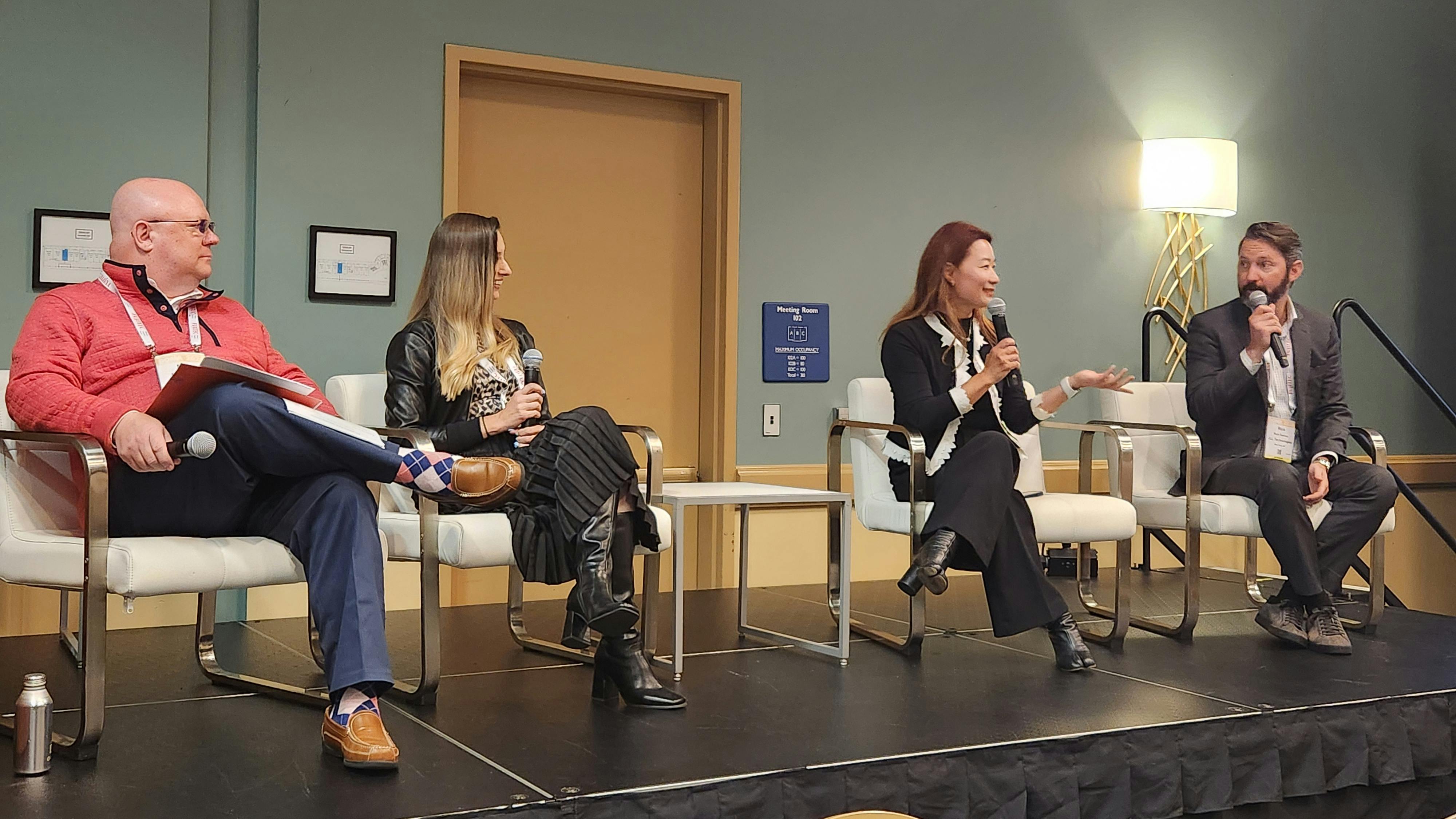 A panel at the 2026 BOMA International Conference & Expo discusses how to scale up AI adoption. From left: moderator Marc Fischer of Inspire CRE; Sharon Hunt of JLL; Saejin Park of JLL; and Rick Ferrino of JLL.