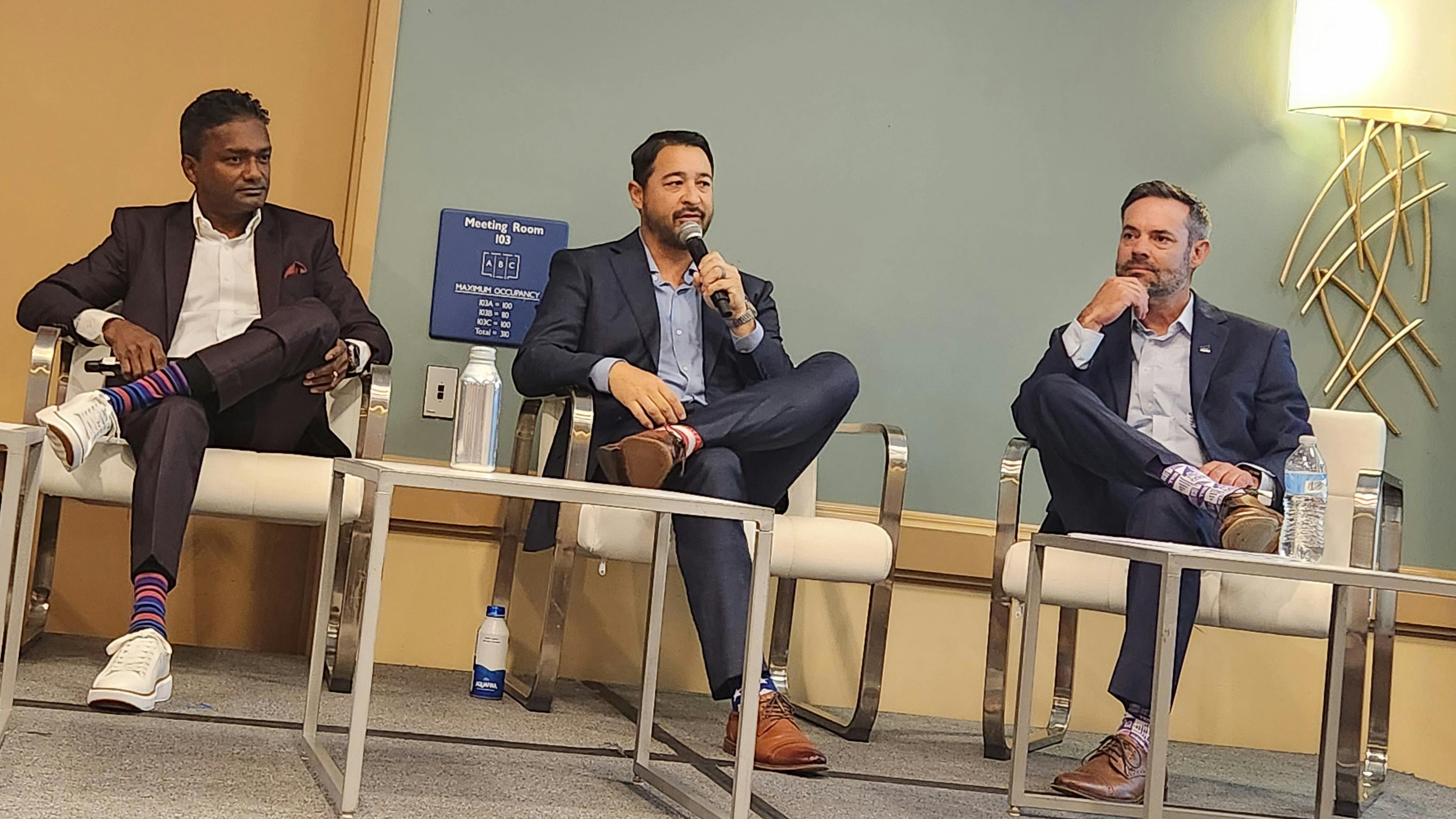 A panel at the 2026 BOMA International Conference & Expo discusses energy conservation. From left: Suresh Balgobind, senior chief engineer, Cushman & Wakefield; Matt Montanez, regional engineering manager, Northern California, for UG2; and Ryan Wilcoxen, senior chief engineer for JLL. Not pictured: moderator Bill Muehling.