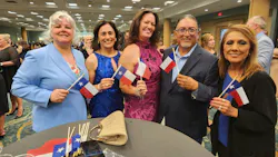 Before the TOBYs ceremony kicked off, this group assembled miniature Texas flags. From left: Jeannine Bean of Transwestern; Victoria Rodriguez, BOMA/San Antonio’s BAE; Laurie Mullane of CleanScapes; Joe Fraga of Credit Human Federal Credit Union; and Anna Fraga, who came to cheer on Joe, her husband.