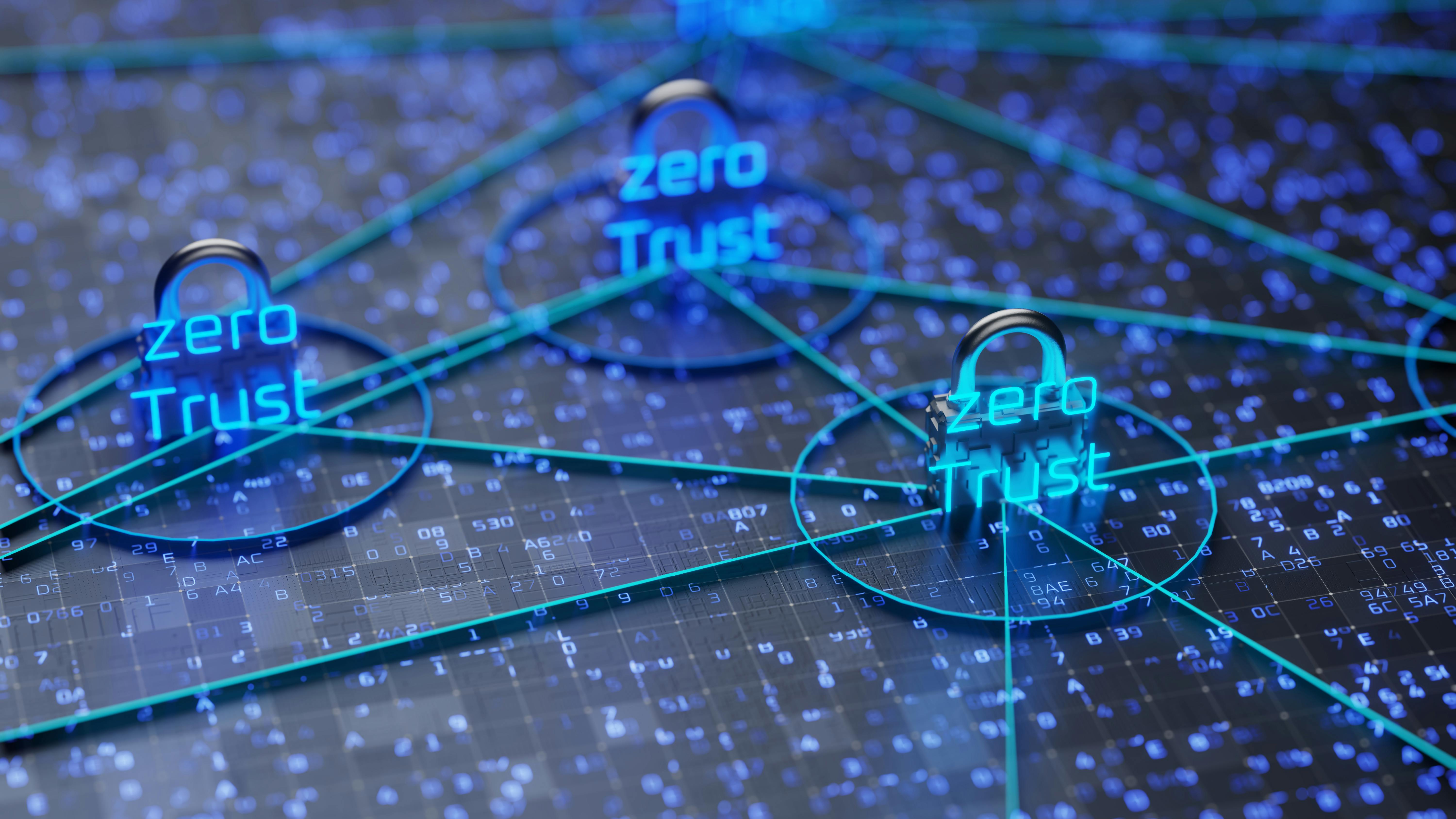 Conceptual rendering of technology-inspired background with three concentric circles containing the phrase 'zero trust'