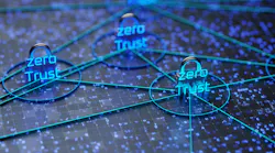 Conceptual rendering of technology-inspired background with three concentric circles containing the phrase 'zero trust'