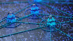 Conceptual rendering of technology-inspired background with three concentric circles containing the phrase 'zero trust'