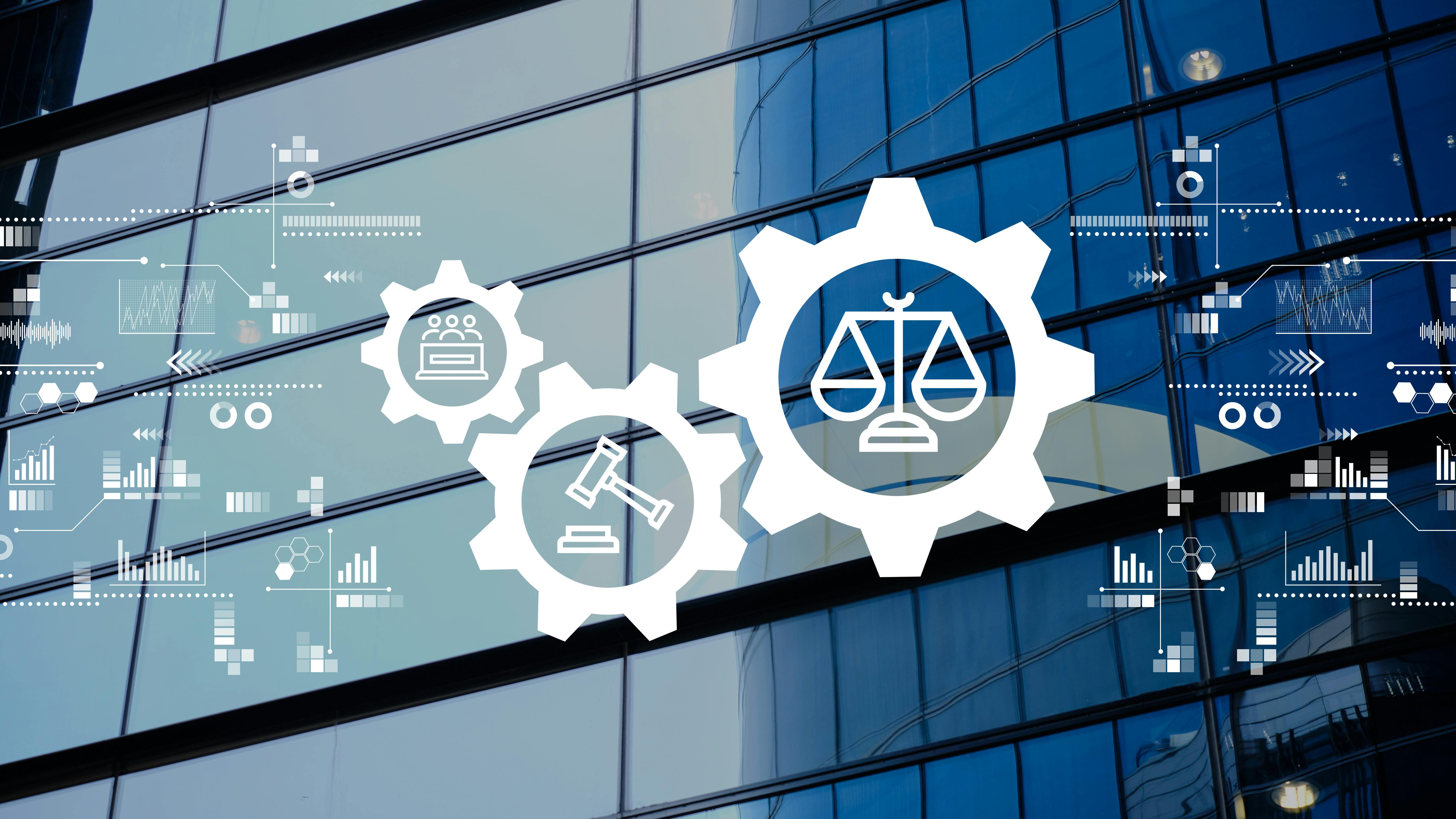 Concept of abstract mechanism of work of justice and legal system on background of modern glass building