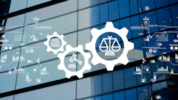 Concept of abstract mechanism of work of justice and legal system on background of modern glass building