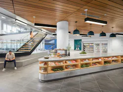 To achieve LEED Gold at 180 City Point, the amenity hub or a larger office complex in Waltham, MA, Stantec’s designers relied on product certifications in order to select materials that offered both low embodied carbon and long-term durability.