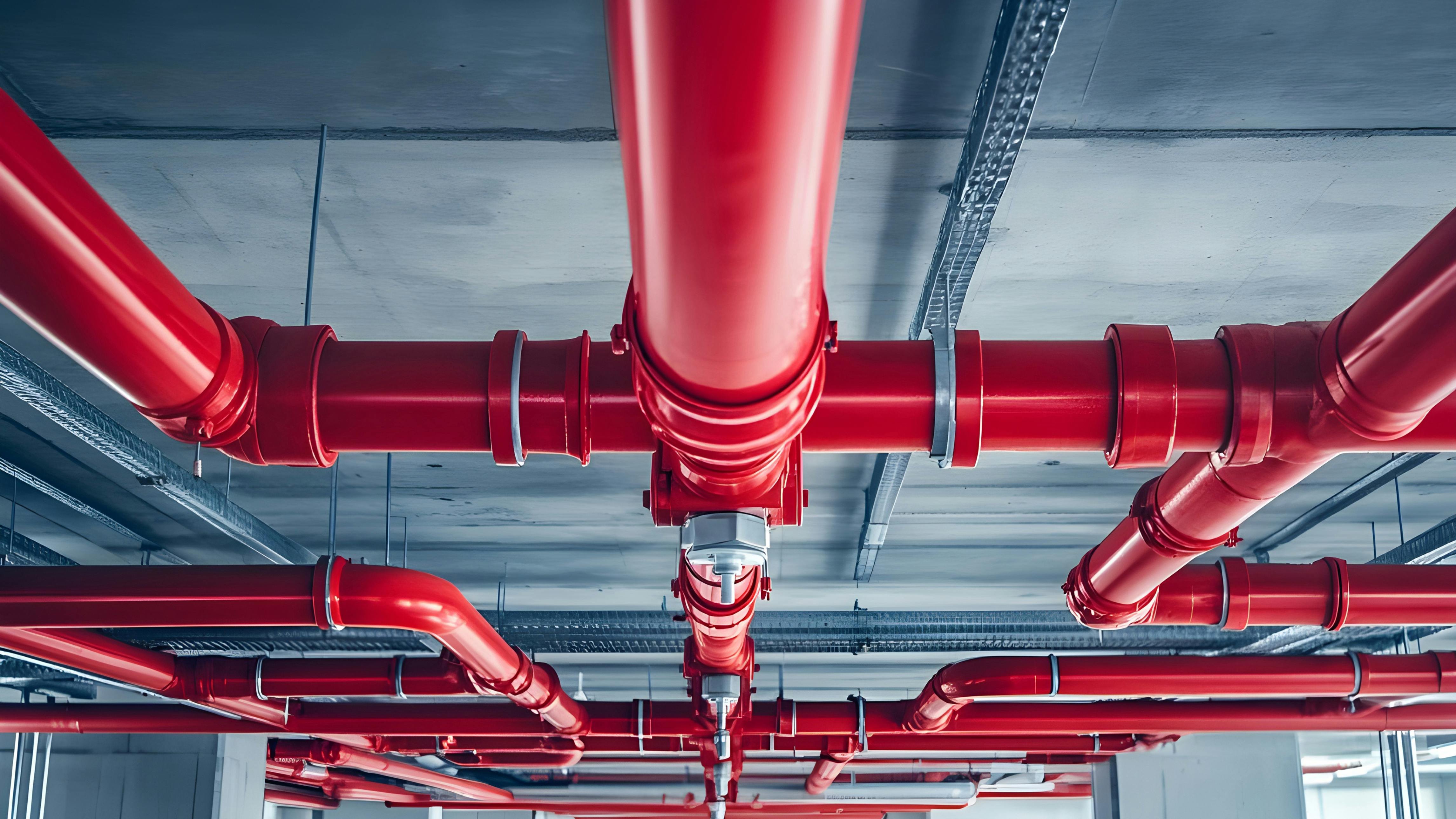 A network of fire sprinkler piping distributes water throughout a building, which makes proper pressure maintenance and routine inspections essential for dependable fire protection.