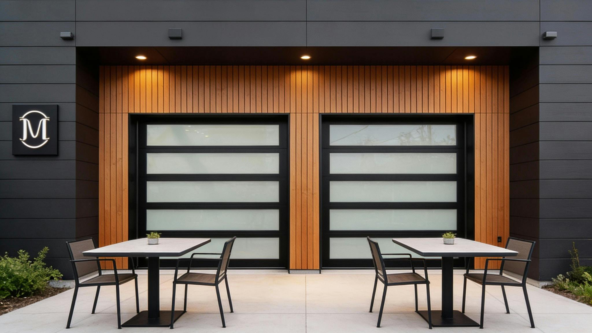 This overhead sectional door features smart glass that can change between opaque (pictured) and transparent.