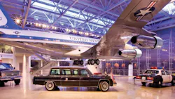 Historically significant vehicles, Air Force One, and Marine One are on display in the Ronald Reagan Presidential Library Air Force One Pavilion. The pavilion underwent a lighting upgrade.