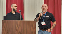 Maverick Allen and Gary McCoy, co-owners of Blink Energy Services, answer questions from the audience at the 2026 North Texas Facilities Expo.