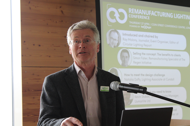 Recolight CEO Nigel Harvey notes that “as we move towards a circular economy model, recycling is not always the best solution” and that reuse can “ensure the retention of more embedded carbon.” He’s pictured here at Recolight’s Remanufacturing Lighting Conference in London last April.