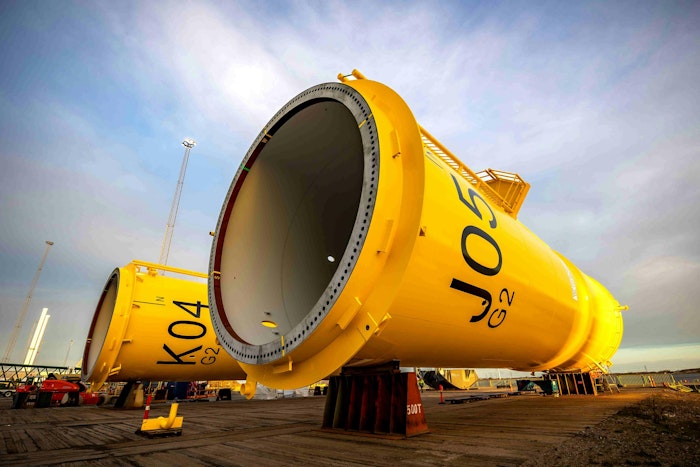 Danish installer Scanel International A/S will fit Glamox lighting into transition pieces such as these at CS WIND Offshore’s yard at the Port of Aalborg in Denmark. The transition pieces will then make their way to coastal waters off Virginia.